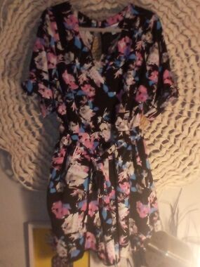 Floral Tie-Waist Black Romper with Pink & Blue Blooms
